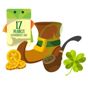 Boot gnome, smoking pipe and a calendar. March 17 day. St.Patrick &amp;#39;s Day. イラスト素材
