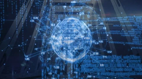 On boot hologram globe forming, rings extending, code streams appearing, showing Stock Footage 332867195