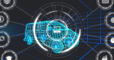 On boot HUD rings pulsing, rotating; cyan 3D van staying centered, icons sliding Stock-Footage 321783220