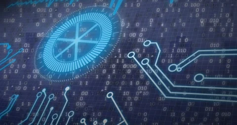 On boot HUD wheel glow-rotating, binary falling, traces lighting, camera zooming Stock Footage 323454841