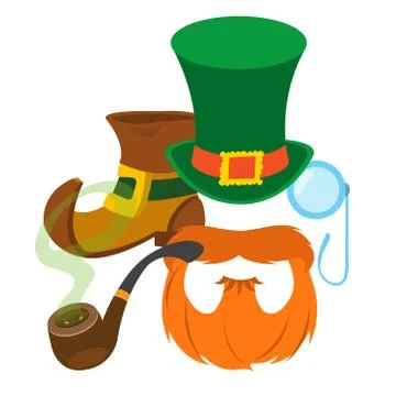 Boot leprechaun, red beard, pipe, angered hat and monocle. Stock Illustration