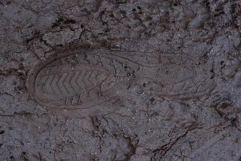 A boot mark on the ground. Close up Stock Photos
