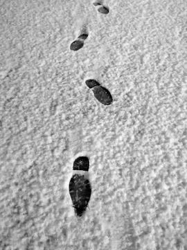 Boot marks on freshly fallen snow in winter. Stock-Fotos
