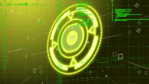 On boot neon HUD rotating rings pulsing markers sliding code streaming numbers Stock Footage 331160858