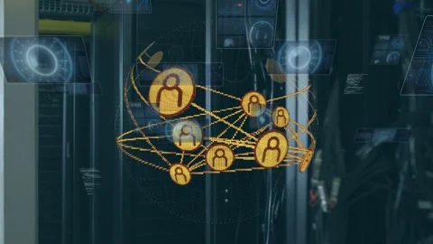 On boot orange globe forming, rotating over data center racks, showing nodes, Stock Footage 332641944