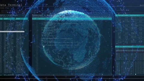 On boot point-cloud globe emerging and rotating while terminal panels slide, Stock Footage 334337806