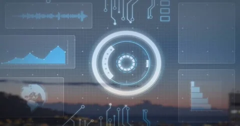Boot pulse activating central HUD rings forming segments spinning charts Stock Footage 327126663