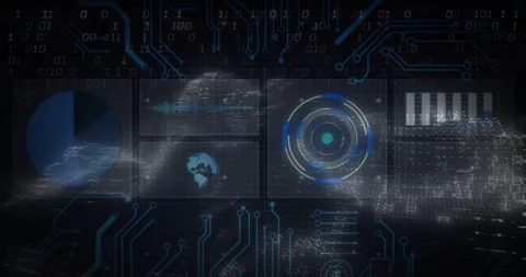 Boot pulse starting multi panel tech dash pie filling HUD rotating bars updating Stock Footage 331198149
