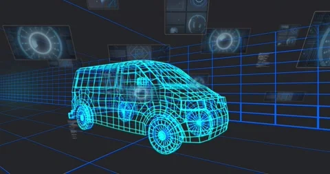 Boot starting system scan cyan van mesh glowing scanning while panels floating Stock-Footage 321783179