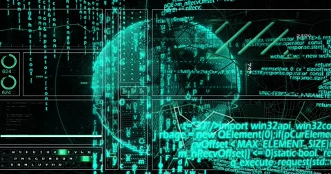 On boot teal globe rotating as HUD panels sliding code streams flowing probes Stock-Footage 325771739