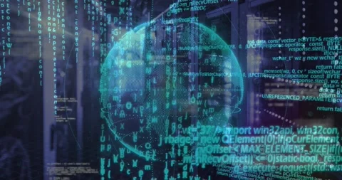 On boot teal wireframe globe appearing, rotating, code streaming around racks, Stock-Footage 321824802