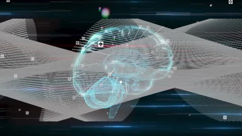 On boot wireframe brain rotating in technology demo with pulsing data icons Stock-Footage 312639645