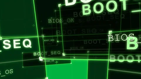 BOOT_SEQ activating, HUD stack scaling, splitting offscreen, showing boot log on Stock Footage 329531776