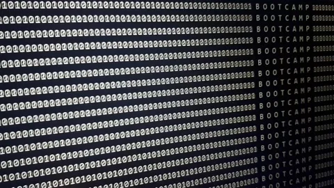 BOOTCAMP word on scrolling software development monitor with binary code Stock Footage 146603957