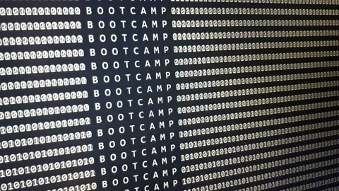 BOOTCAMP word on scrolling software development monitor with binary code Stock Footage 146603995