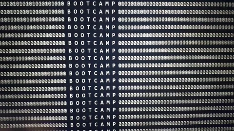 BOOTCAMP word on scrolling software development monitor with binary code Stock Footage 146604042