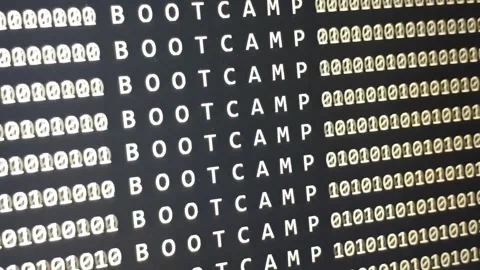 BOOTCAMP word on scrolling software development monitor with binary code Stock Footage 146604092