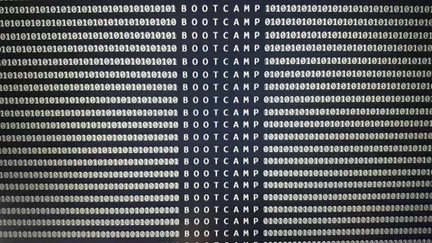 BOOTCAMP word on scrolling software development monitor with binary code Stock Footage 146604154