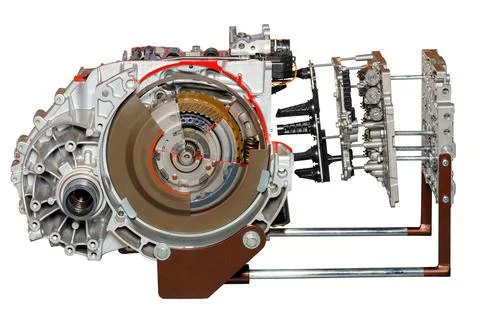 The booth presents an automatic transmission of a car in a section with addit Stock-Fotos