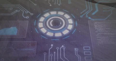 Booting system projecting ring HUD scanning worn tabletop, showing graph and Stockillustratie