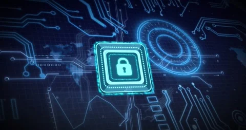 Booting, turquoise padlock module pulsing over circuitry, lighting dial, Stock Footage 331214456