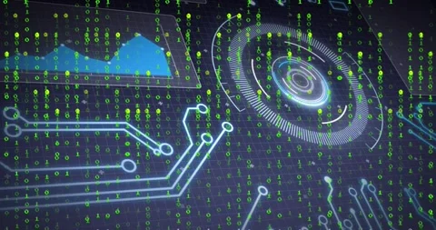 Booting UI, holo target rotating, pulsing, binary stream cascading, panning, Stock Footage 328685694