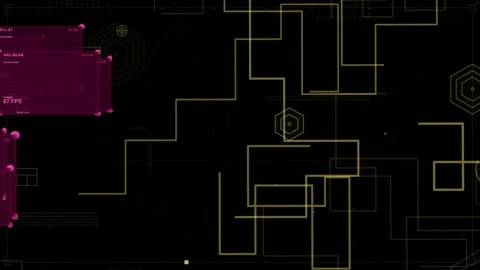 Booting, yellow net drawing block paths around hex node, magenta UIs stacking, 動画素材 335424857