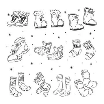 Boots and socks hand drawn doodles coloring Stock-Illustration