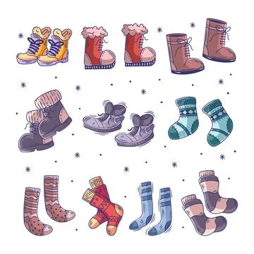 Boots and socks hand drawn doodles full color Illustrazione stock