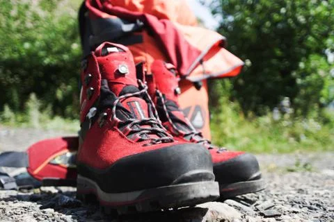 Boots of the climber in the mountains Stock Photos