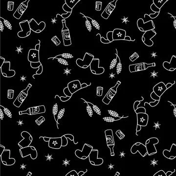 Boots, vodka and earflaps hat on a black background seamless pat Stock Illustration