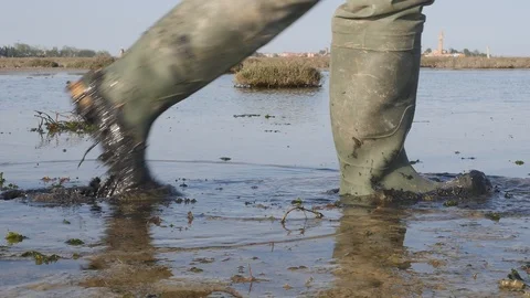 Boots walking in the mud. Walk in the swamp. Water in background Stock Footage