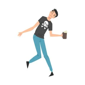 Boozy Drunk Man Walking Tipsy Screwed with Beer Mug in his Hands, Drunkenness Stock Illustration