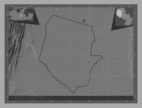 Boqueron, Paraguay. Bilevel elevation map with lakes and rivers Stock Illustration