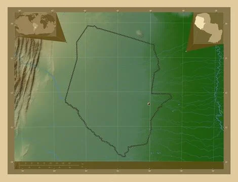 Boqueron, Paraguay. Colored elevation map with lakes and rivers イラスト素材