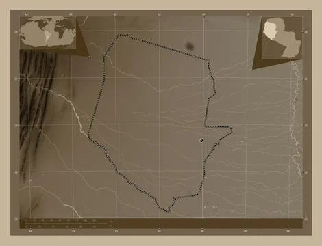 Boqueron, Paraguay. Elevation map colored in sepia tones with lakes and river イラスト素材