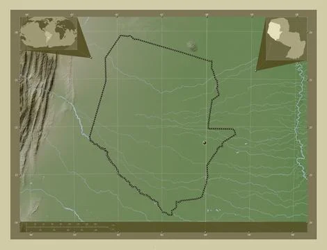 Boqueron, Paraguay. Elevation map colored in wiki style with lakes and rivers Stock Illustration