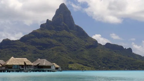 Bora Bora beach vacation paradise island overwater bungalows hotel resort 스톡 동영상 117332353