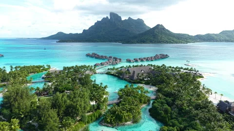 Bora Bora, French Polynesia. Drone Shot of Luxury Resort, Lagoon and Island Stock Footage 345217825