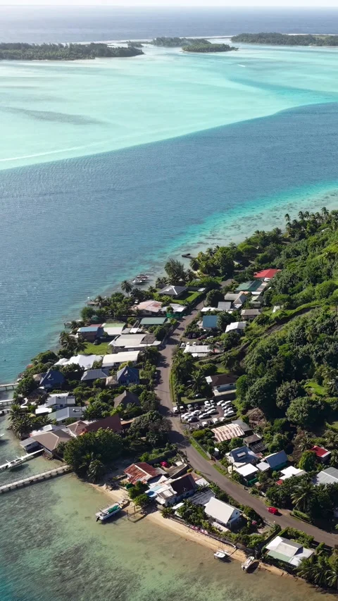 Bora Bora, French Polynesia. Drone View or Coastal Road, Houses and Turquoise Stock Footage 346614237