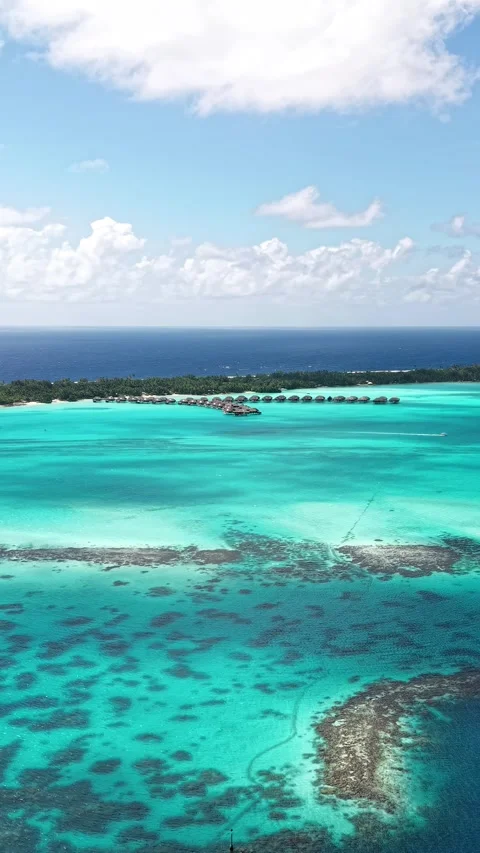 Bora Bora, French Polynesia. Vertical Drone View of Lagoon and Luxury Villas Stock Footage 346614329