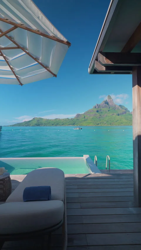 Bora Bora Overwater Bungalow Deck with Infinity Pool and Mount Otemanu View. Stock Footage 342212626
