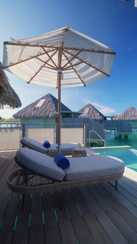 Bora Bora Overwater Bungalow Deck with Infinity Pool and Mount Otemanu View. Stock Footage 342217613