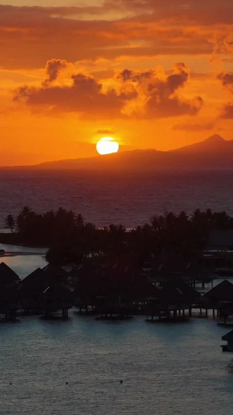 Bora Bora Sunrise Over Overwater Bungalows with Orange Sky and Palm Trees. Vídeos de archivo 341990635