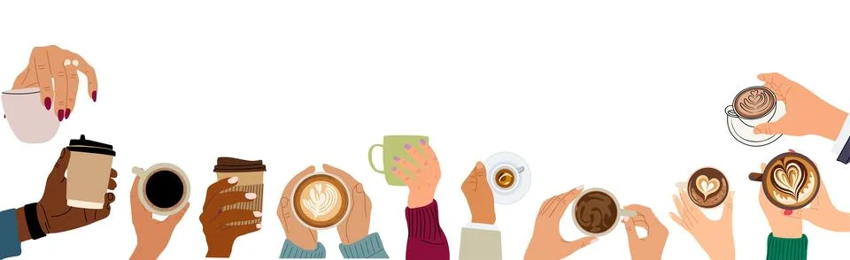 Border background with different hand holding cups Stock Illustration