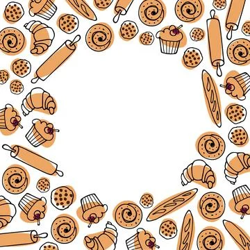 Border with Baking. Flat various pastries for logo, emblem, label, copy space Stock Illustration