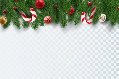 Border with Christmas tree branches, candy canes and balls isolated on whit.. Stock Illustration