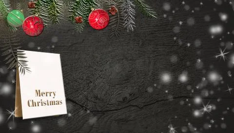 Border of christmas tree branches on old wooden background Stock Illustration