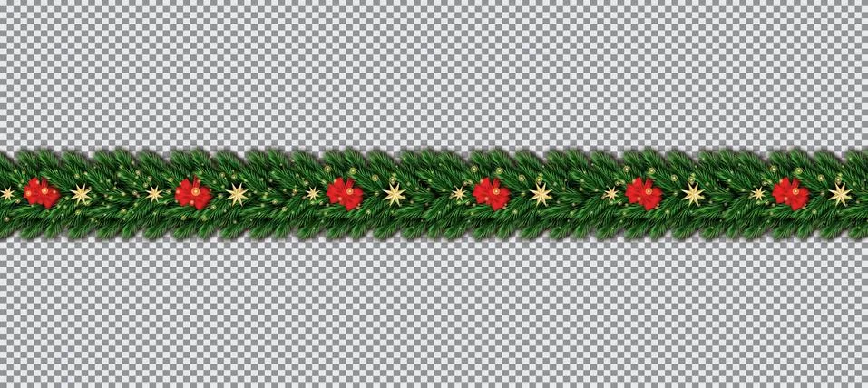 Border with Christmas Tree Branches, Red Bow and Golden Stars on Transparent  Stock Illustration
