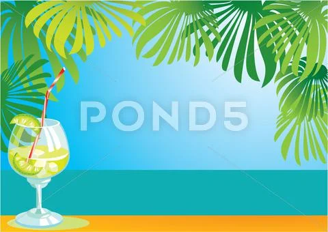 Border with cocktail and sea landscape Stock Illustration